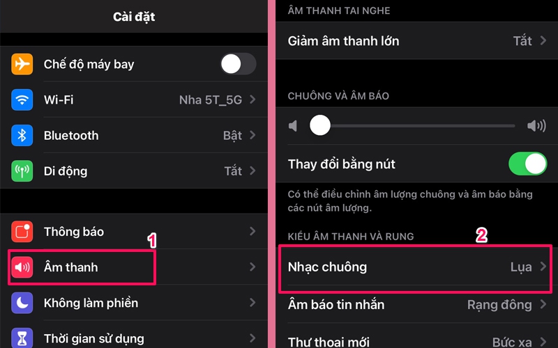 Vào Cài đặt, chọn bài hát trong mục Âm thanh