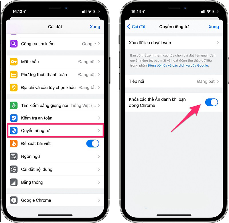 Kích hoạt chức năng Khóa các thẻ tab Ẩn danh