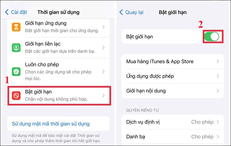 Chọn Bật giới hạn, rồi bạn kích hoạt chức năng này bằng cách kéo nút tròn di chuyển sang phải (nút hiển thị màu xanh sáng).