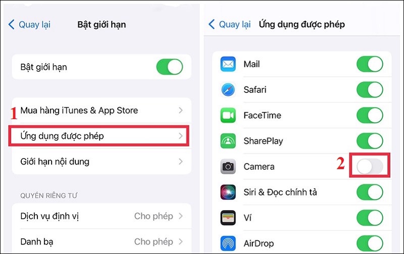Chọn Ứng dụng được phép. Lúc này, bạn tìm phần Camera, rồi gạt nút tròn sang bên trái để tắt chức năng chụp hình ngoài Màn hình iPhone.