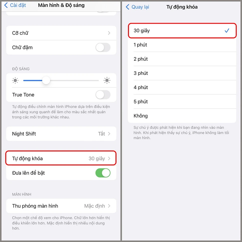 Đặt tắt hoặc khoá màn hình tự động