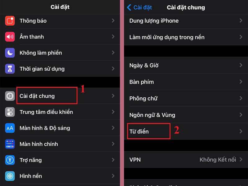 Vào phần Cài đặt trên iPhone > chọn Cài đặt chung > chọn Từ điển.