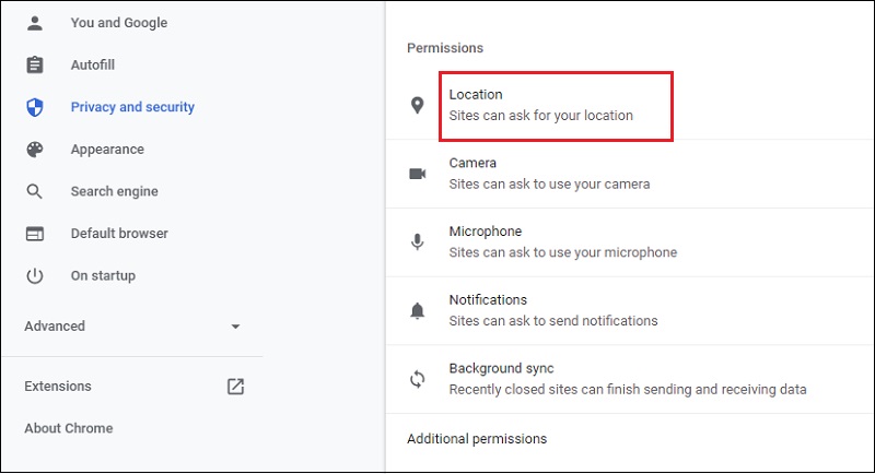 Chọn Location (Vị trí).