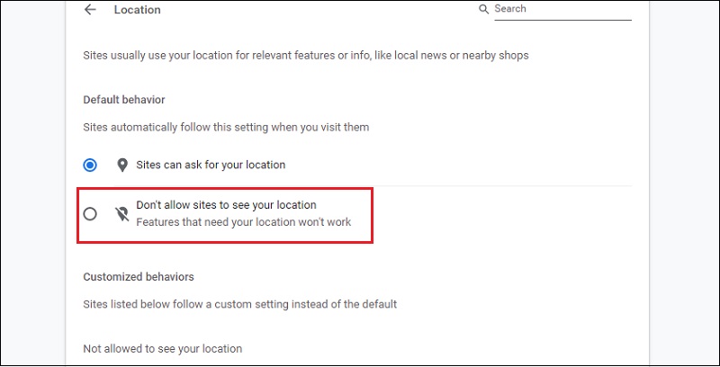 Chọn Don’t allow sites to see your location (Không cho phép trang Web xem thông tin vị trí của bạn).