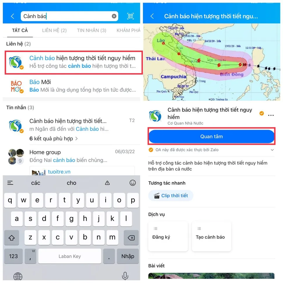 Cách xem cảnh báo thời tiết nguy hiểm trên Zalo
