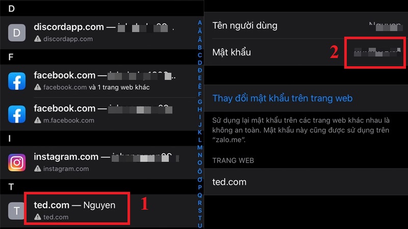 nhấp vào bất kì website hoặc app mà bạn đã cài mật khẩu để xem chi tiết mật khẩu. 