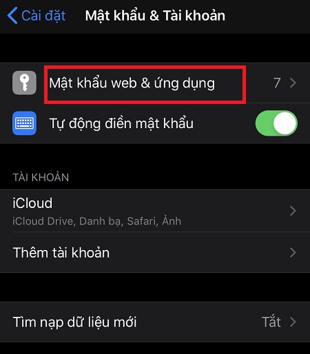 Chọn Trang web và Mật khẩu ứng dụng (Websites & App Passwords)