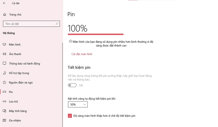 Cài đặt độ sáng màn hình ở chế độ tiết kiệm pin