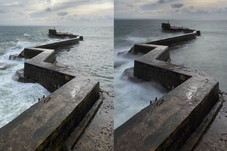 Một hình ảnh tiêu chuẩn được chụp bằng iPhone 11 Pro (trái) và hình ảnh tương tự, với chế độ phơi sáng lâu được bật (phải)