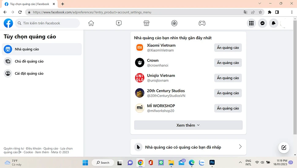 Bước 2: Bạn hãy kéo thanh bên trái xuống, rồi chọn vào Quảng cáo
