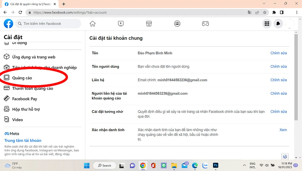 Bước 2: Bạn hãy kéo thanh bên trái xuống, rồi chọn vào Quảng cáo