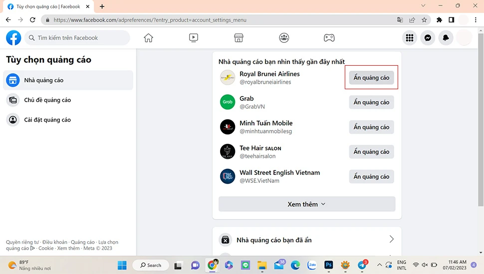 Bước 3: Tìm và chọn Quảng cáo > và Nhấn Ẩn quảng cáo.