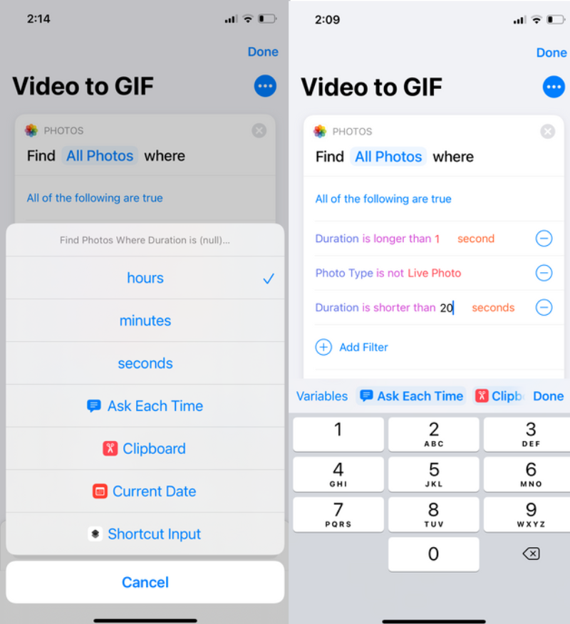 changing video duration action in shortcut