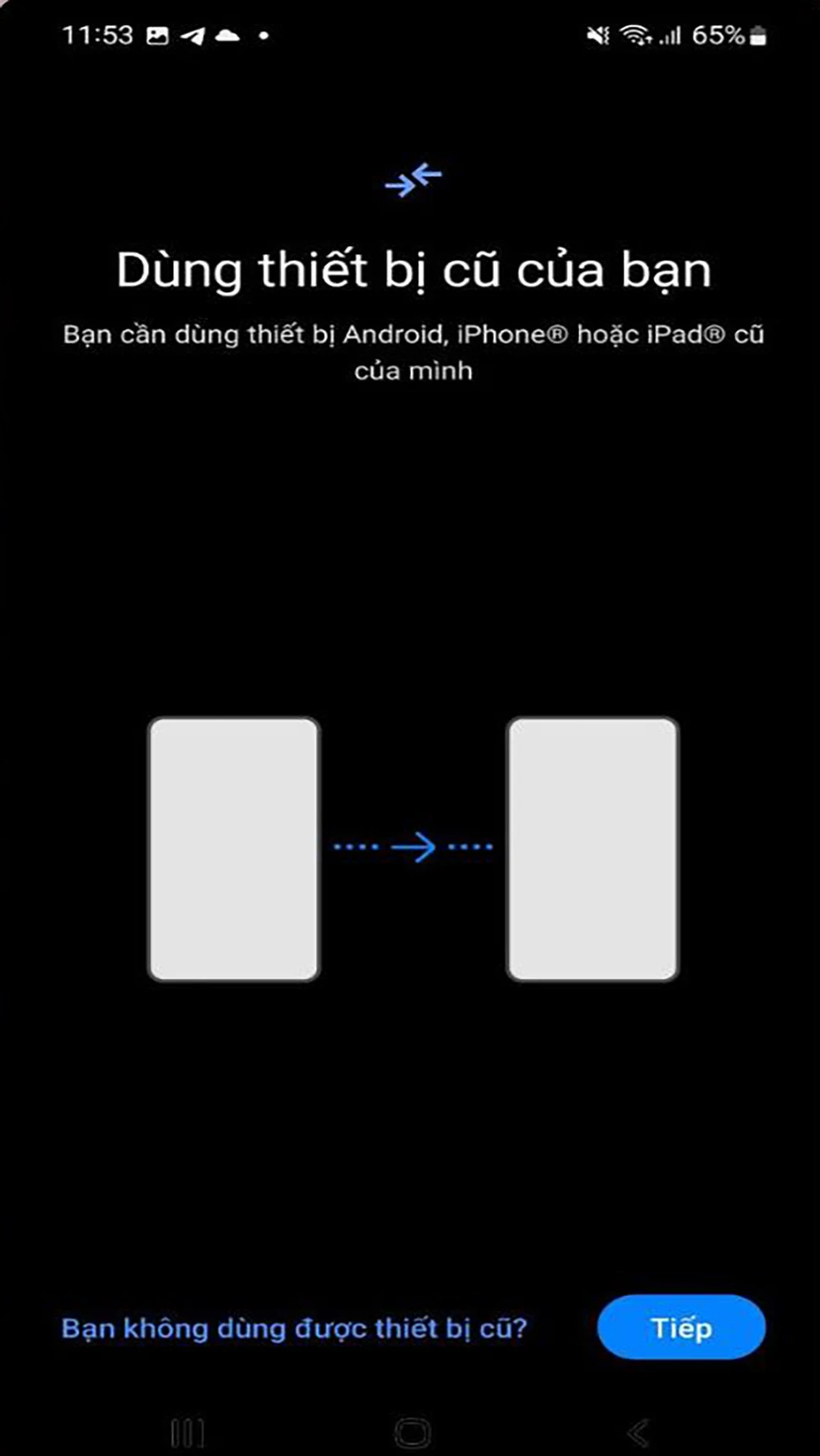 Bước 2: Điện thoại Samsung Galaxy S23, chọn Tiếp ở mục Sao chép ứng dụng và dữ liệu > Nhấp vào Tiếp ở phía dưới Dùng thiết bị cũ của mình.