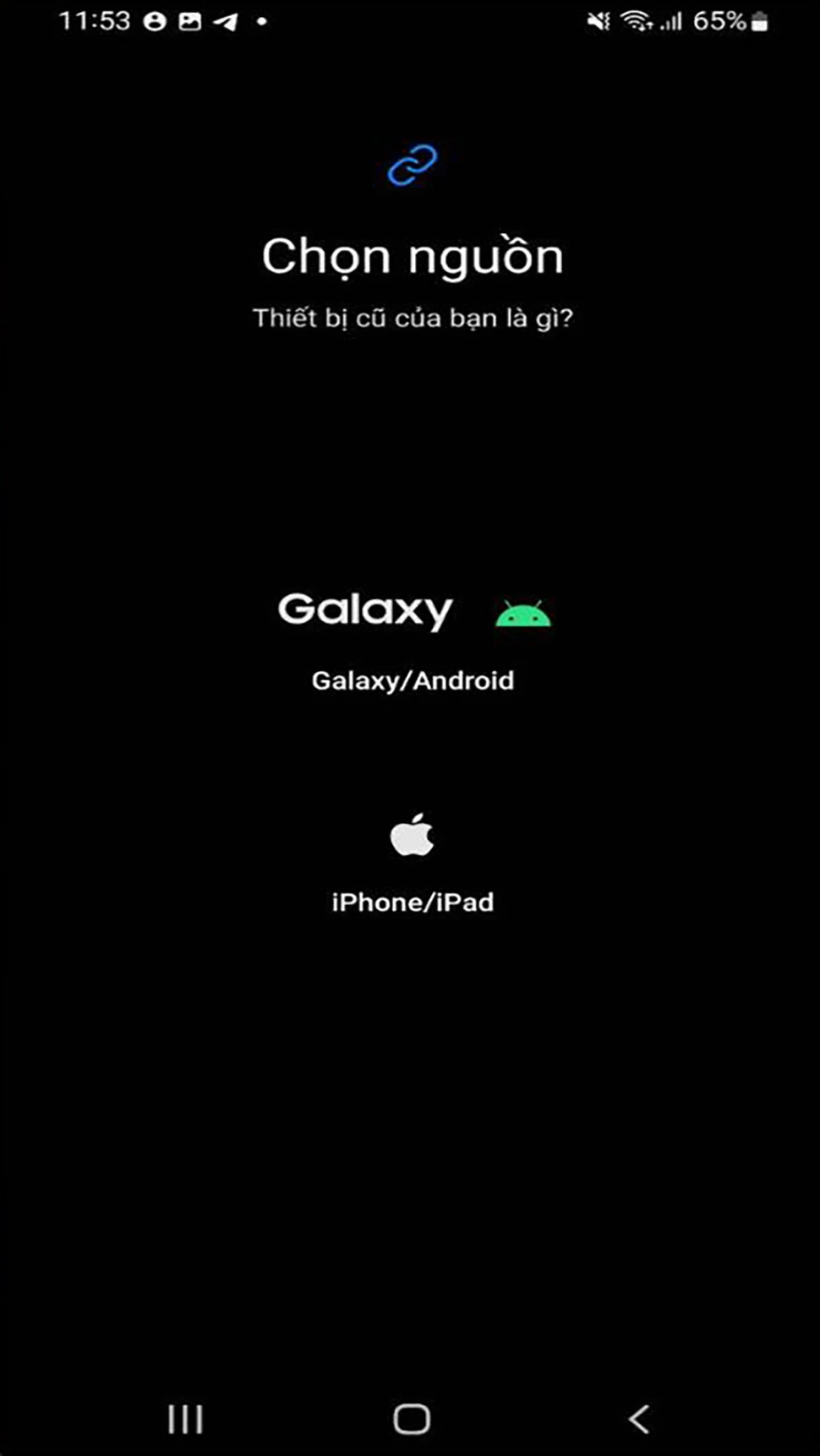 Bước 3: Chọn nguồn (Galaxy/Android hoặc iPhone/iPad) > Click tiếp vào mục Kết nối mà bạn đang dùng (Cáp hoặc Wifi không dây).