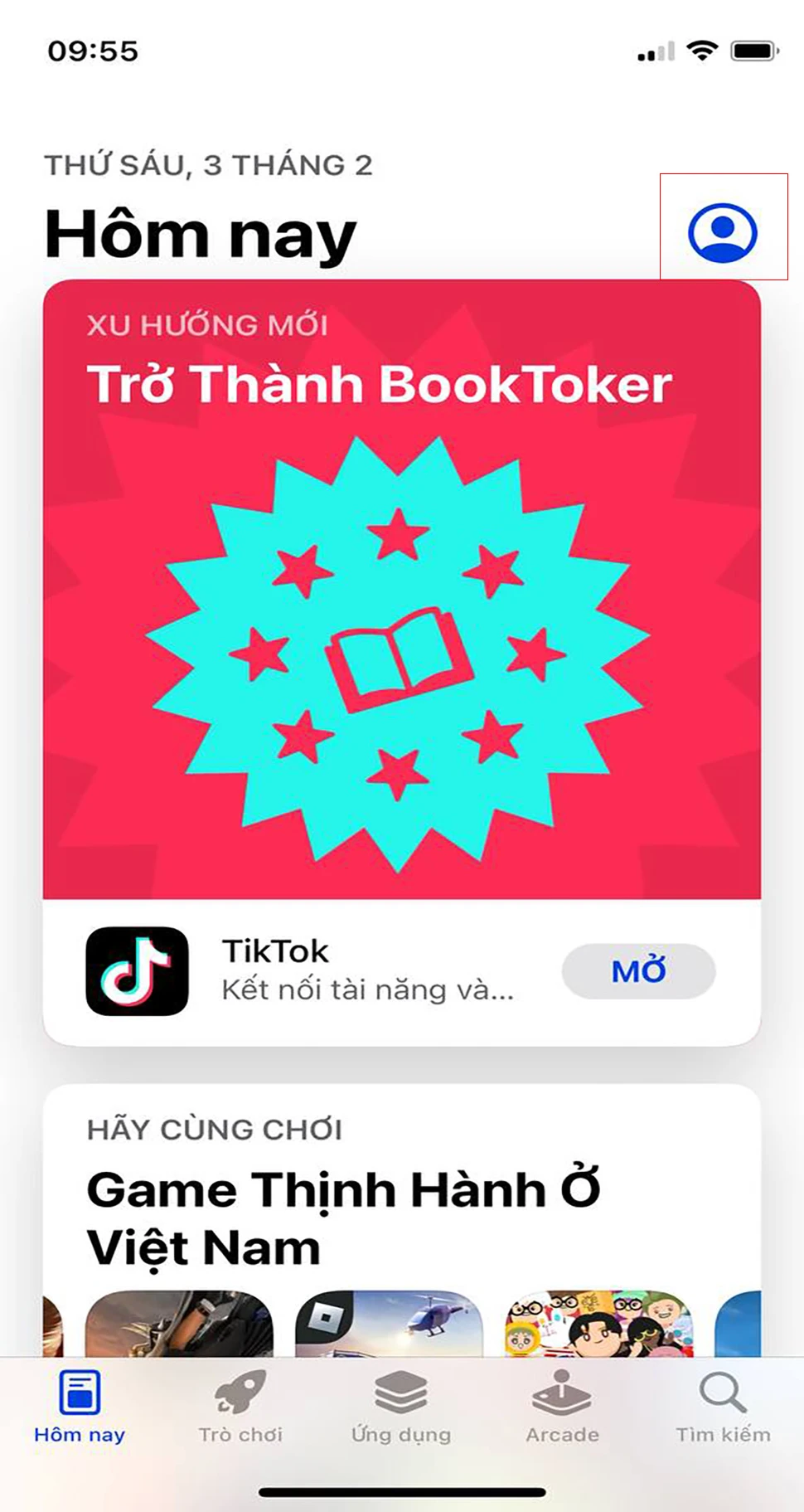 Bước 1: Mở ứng dụng Apple Store > nhấn vào biểu tượng hình đại diện ở bên trên góc phải > chọn Tài khoản 