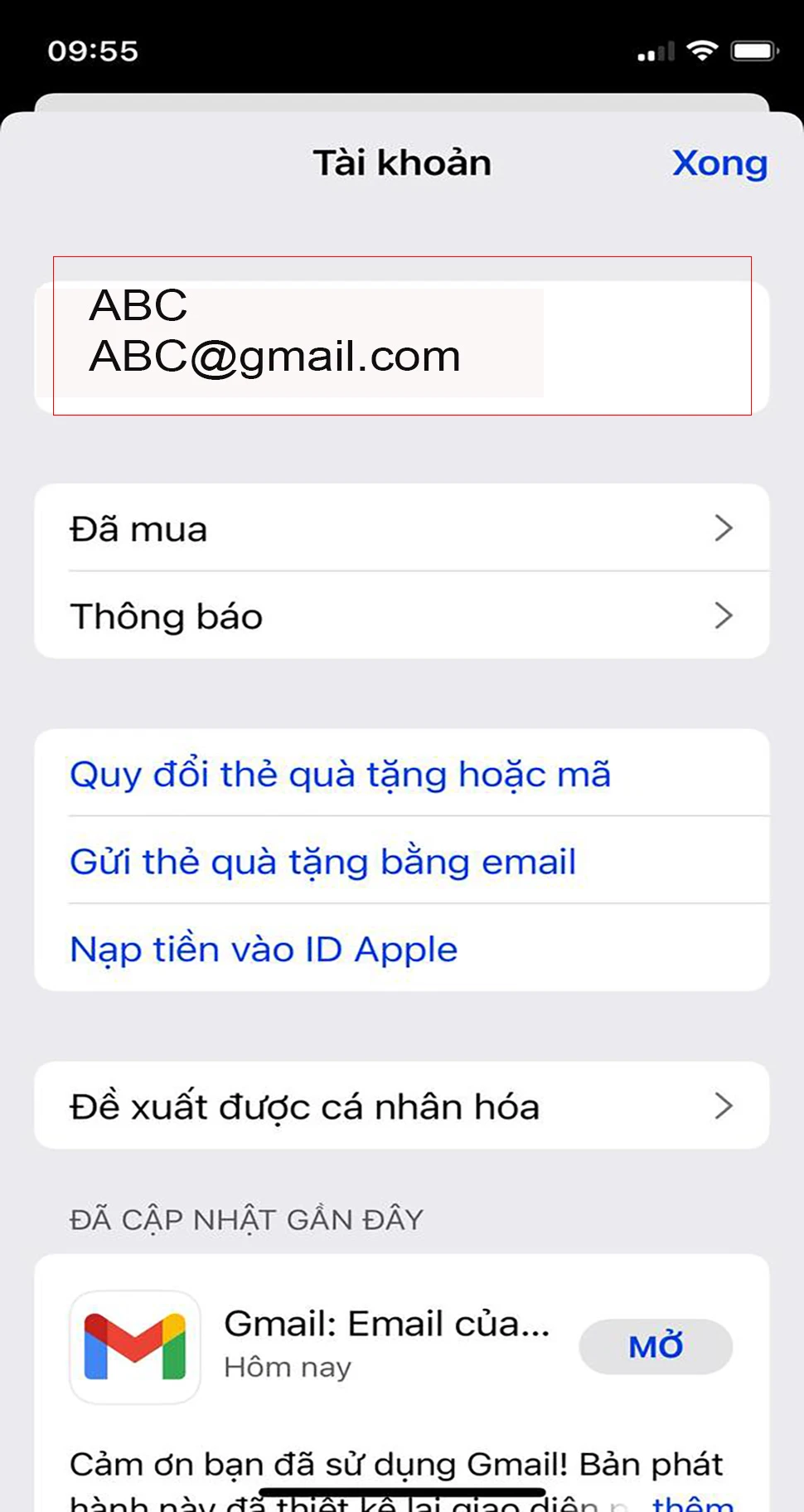 Bước 1: Mở ứng dụng Apple Store > nhấn vào biểu tượng hình đại diện ở bên trên góc phải > chọn Tài khoản 