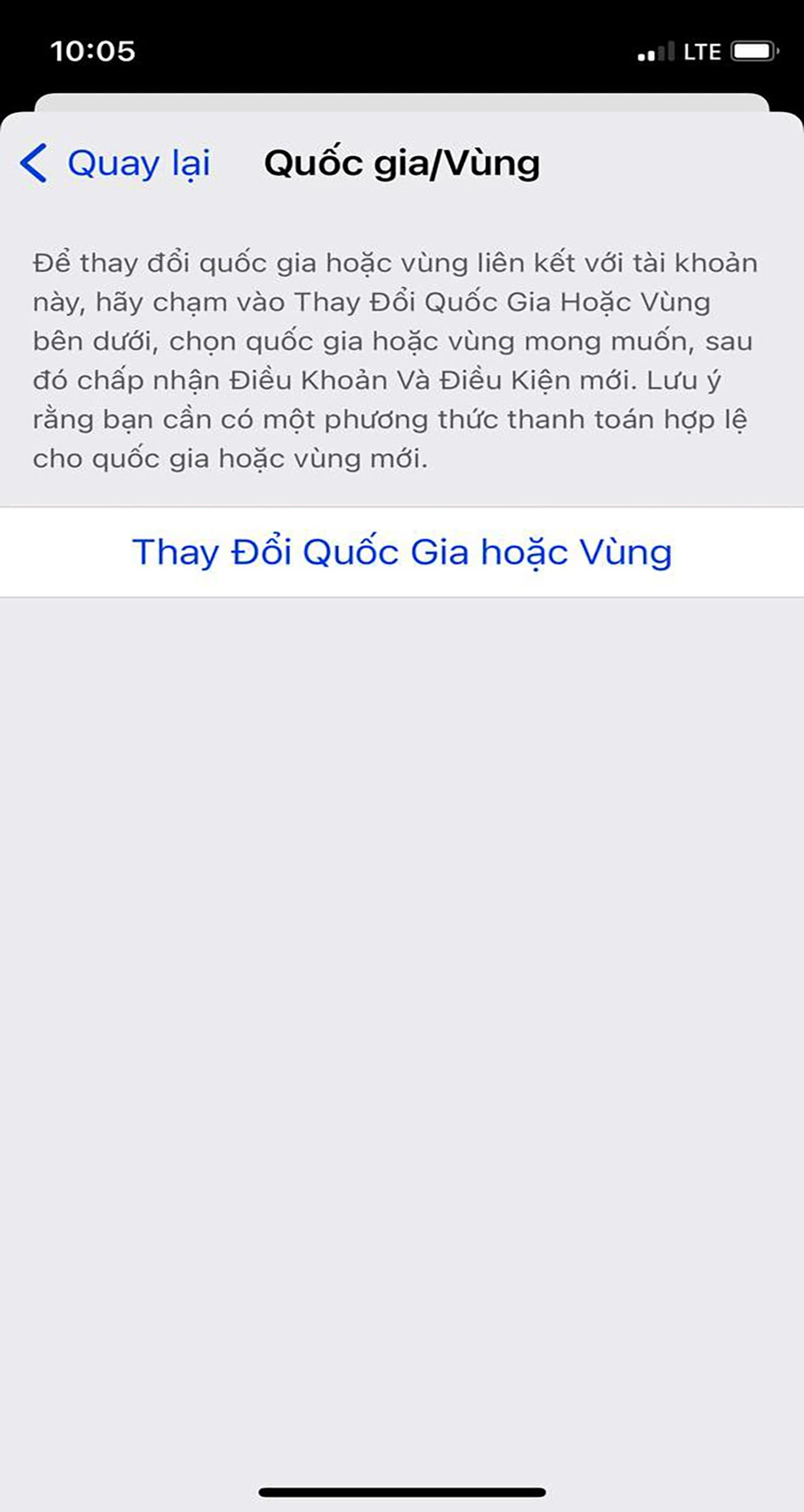 Bước 2: Trong mục Cài đặt tài khoản, chọn Quốc gia/Vùng > nhấn vào Thay đổi Quốc gia hoặc Vùng 