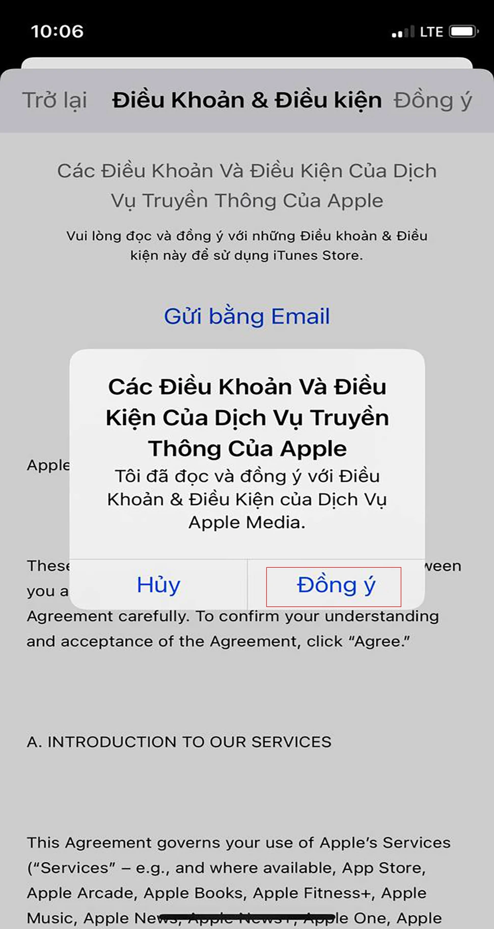 Bước 4: Màn hình sẽ hiện thị một ô Các điều khoản & điều kiện của dịch vụ truyền thông của Apple , bạn hãy nhấn vào đồng ý > Sau đó sẽ hiển thị mục Quốc gia/ Vùng, bạn hãy điền tất cả các thông tin vào và nhấn chọn Tiếp theo. 