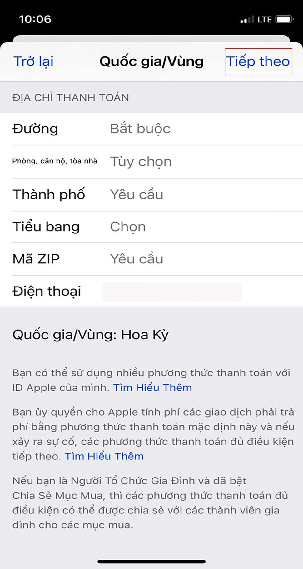 Bước 4: Màn hình sẽ hiện thị một ô Các điều khoản & điều kiện của dịch vụ truyền thông của Apple , bạn hãy nhấn vào đồng ý > Sau đó sẽ hiển thị mục Quốc gia/ Vùng, bạn hãy điền tất cả các thông tin vào và nhấn chọn Tiếp theo. 