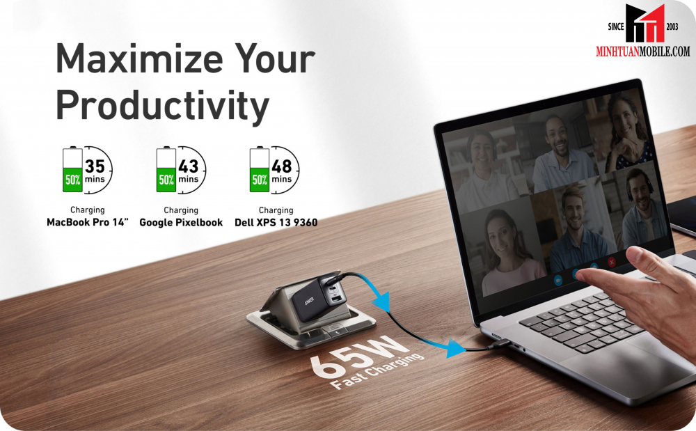 Cốc sạc nhanh Anker 65W 3 cổng PowerPort III A2667