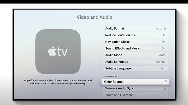 Tùy chọn Cân bằng màu mới trong ứng dụng Cài đặt tvOS. 