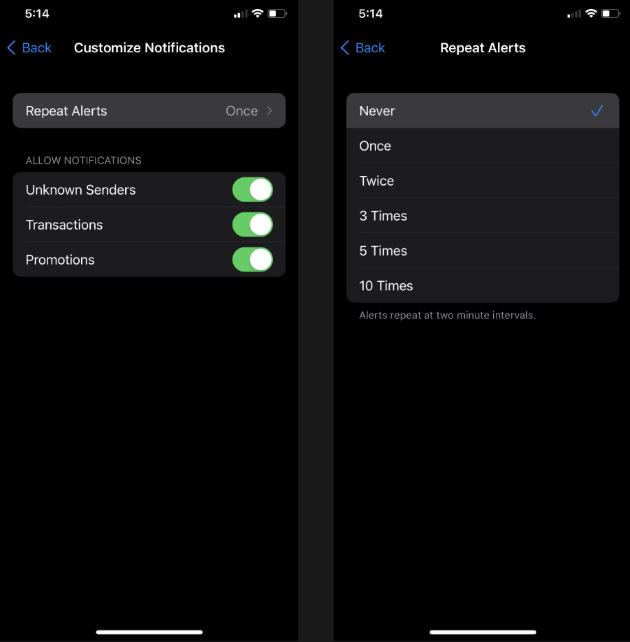 Vô hiệu hóa cảnh báo lặp lại cho tin nhắn