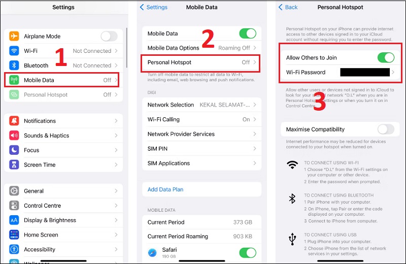 Kiểm tra Chia sẻ kết nối được bật trên iphone 