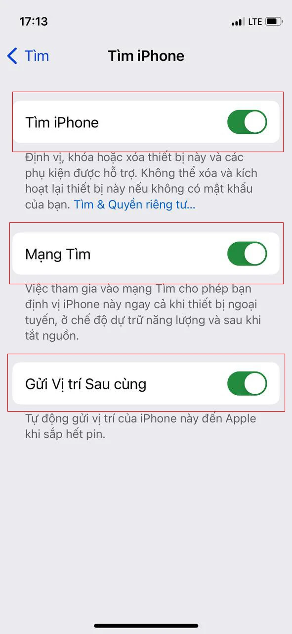 Bước 3: Gạt thanh trạng thái Tìm iPhone sang bên phải, lập lại thao tác tương tự với Mạng tìm và Gửi vị trí sau cùng