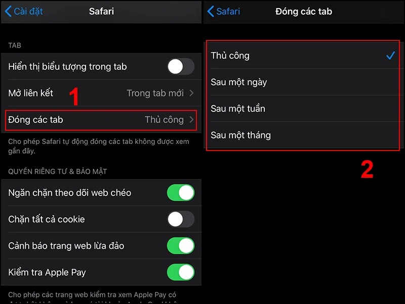 đóng các tab trên safari
