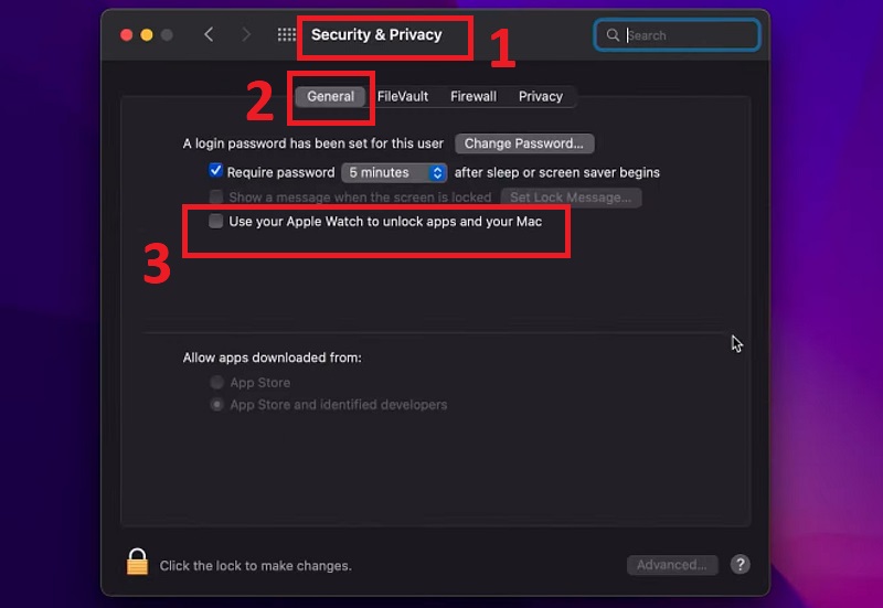 chọn Use your Apple Watch to unlock apps and your Mac để mở khóa máy Mac bằng Apple Watch 