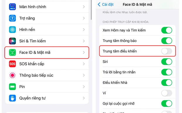 Tắt trung tâm điều khiển trong màn hình khoá
