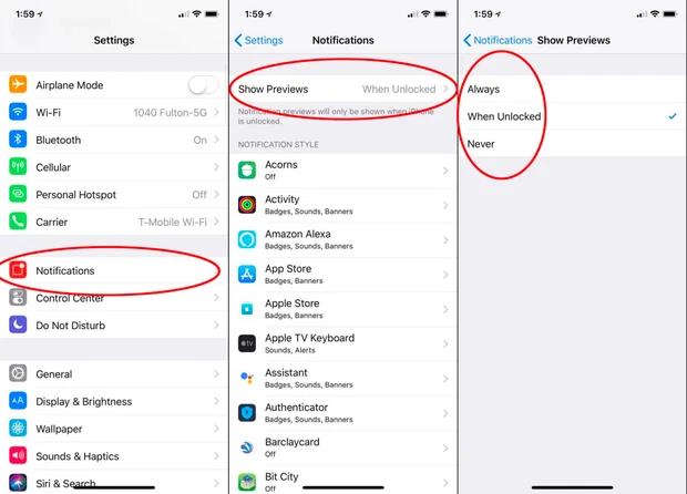 Tắt chế độ xem trước tin nhắn để tránh kẻ xấu đọc được mã OTP reset mật khẩu