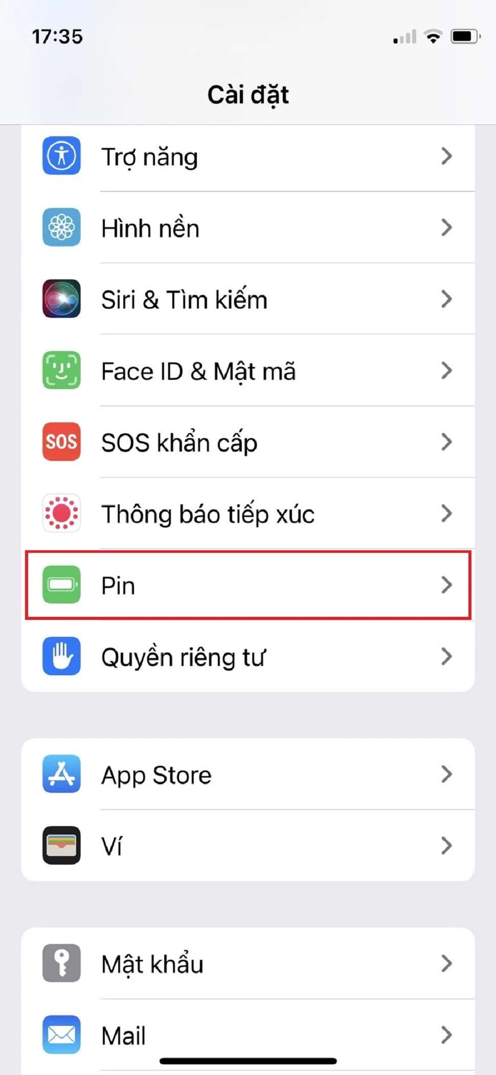 ​Bước 1: Mở ứng dụng Cài đặt > Chọn Pin.