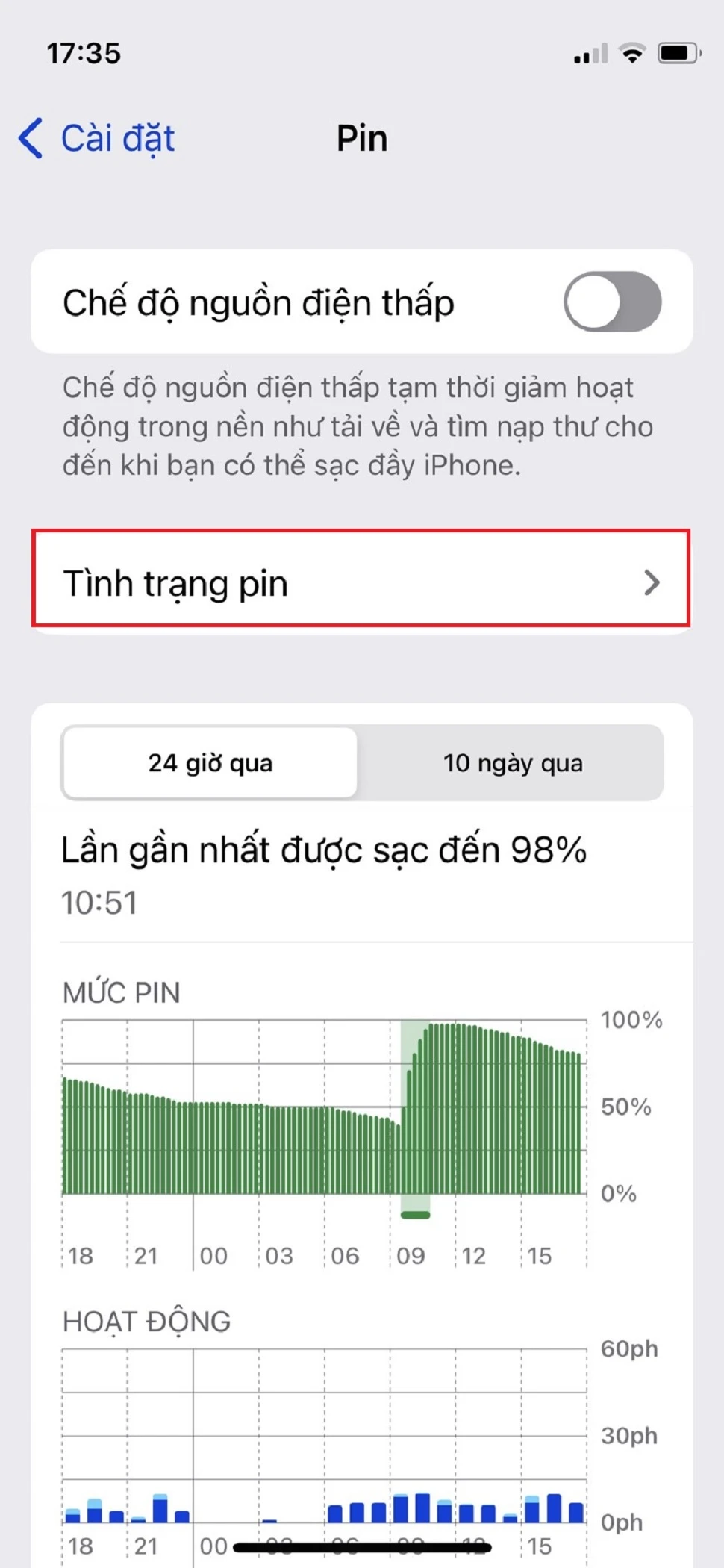 Bước 2: Nhấn chọn Tình trạng pin & sạc > chọn Dung lượng tối đa.
