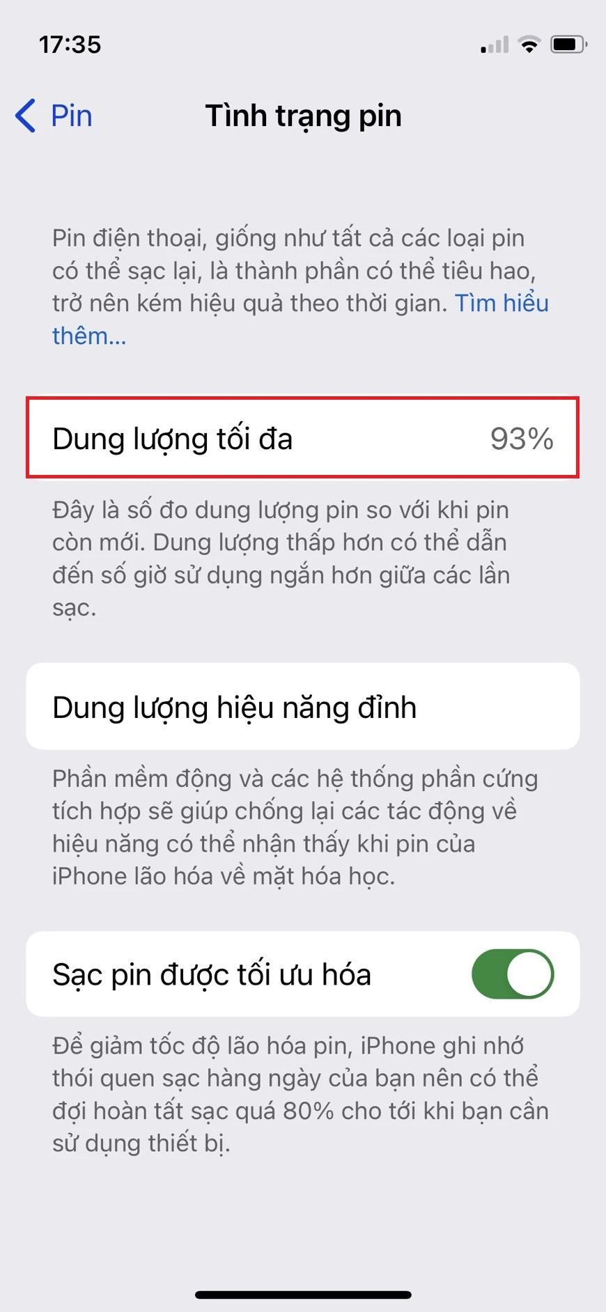 Bước 2: Nhấn chọn Tình trạng pin & sạc > chọn Dung lượng tối đa.