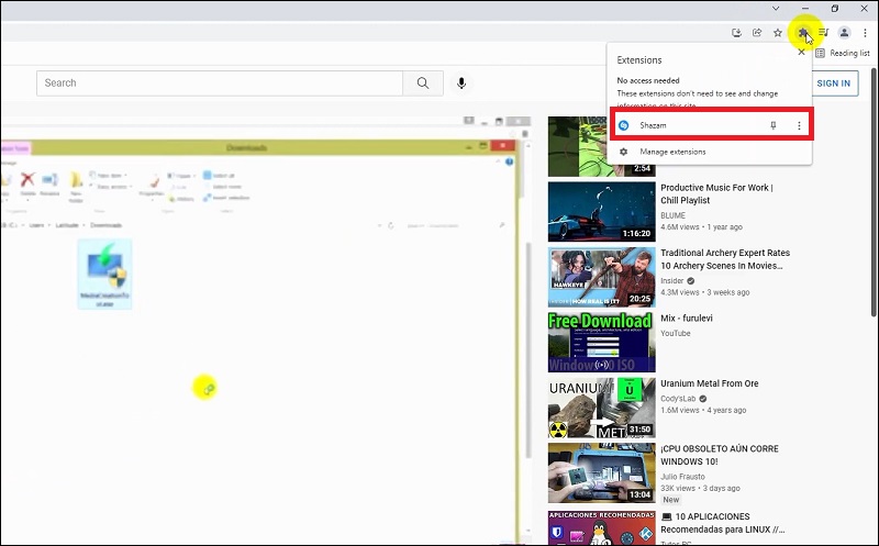 truy cập Shazam từ nút Tiện ích mở rộng trên Chrome