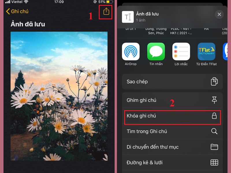 nhấn nút biểu tượng chia sẻ nằm phía trên bên phải giao diện, rồi tìm mục Khóa ghi chú