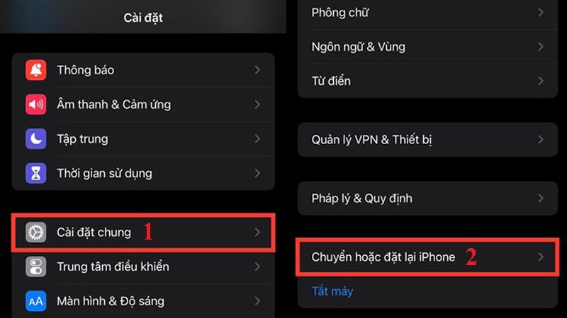 Vào phần Cài đặt trên iPhone cũ > chọn Cài đặt chung > chọn Chuyển hoặc đặt lại iPhone.