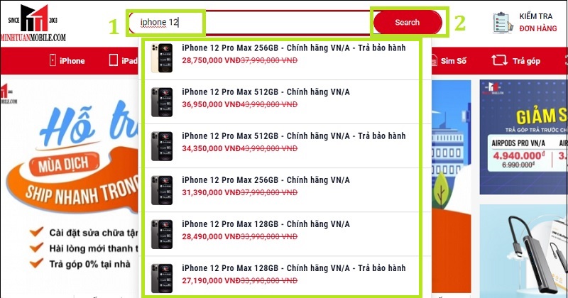 Có thể nhập tên sản phẩm mà bạn muốn tìm trong mục Tìm kiếm