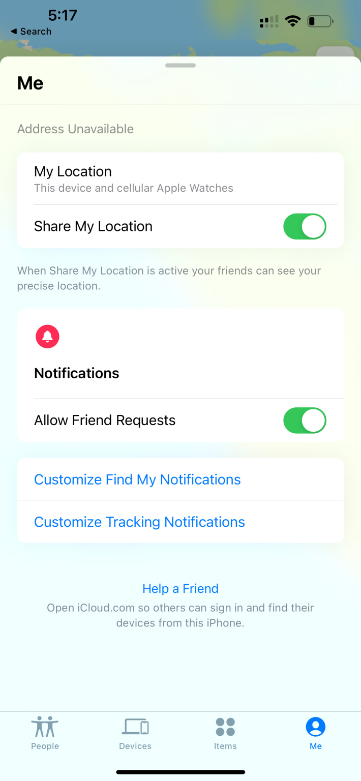 Cập nhật tab “Tôi/Me” trong Find My Network