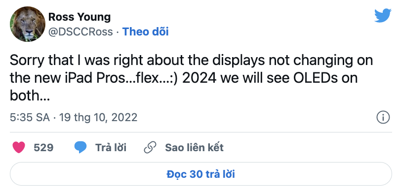 Ross Young nói rằng iPad Pro 11 inch 2024 sẽ có màn hình LED mini