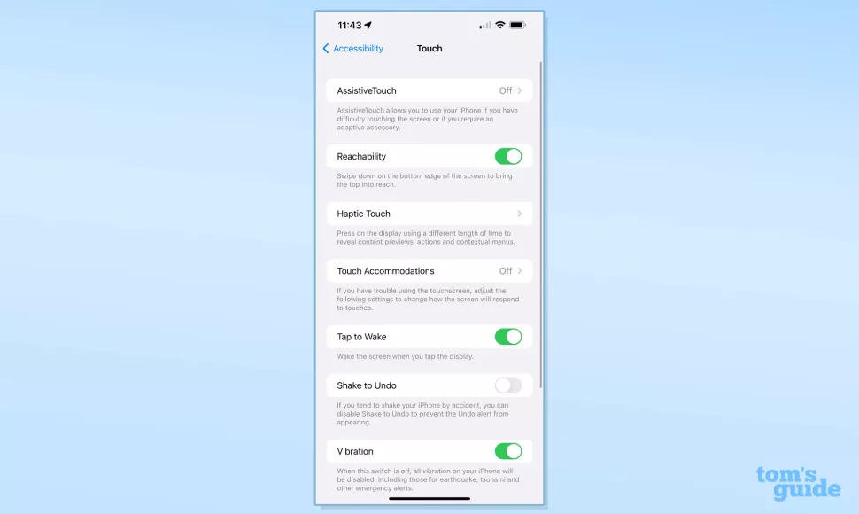 Ảnh chụp màn hình menu Hỗ trợ tiếp cận cài đặt iOS, bên trong tiểu mục Touch