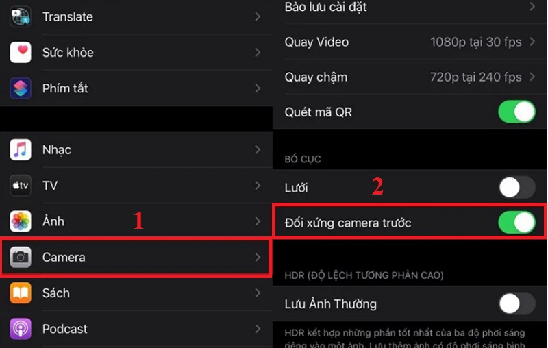 Bật chức năng Đối xứng camera trước