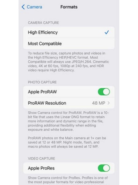 Thiết lập Formats cho các chức năng camera iPhone 