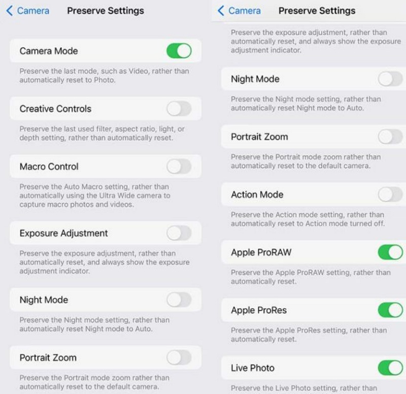 Kích hoạt chức năng Preserve Settings để giữ nguyên phần cài đặt camera đã thiết lập 