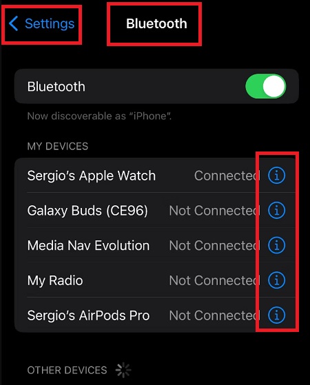 Vào mục Cài đặt, chọn Bluetooth, nhấp vào chữ i bên cạnh AirPods 