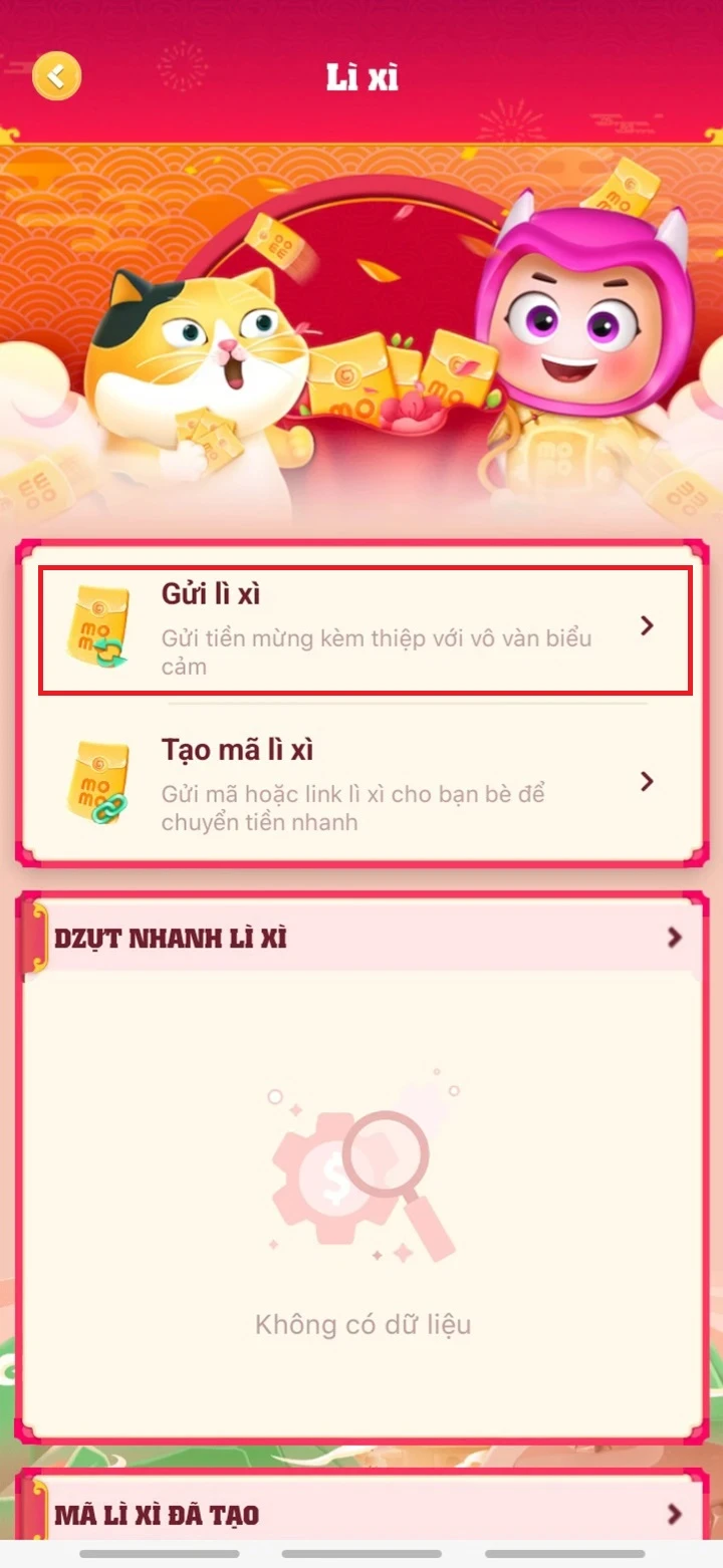 Bước 2: Nhấp vào dòng “Gửi lì xì”, sau đó chọn người mà bạn muốn gửi lì xì. Tiếp theo bấm vào nút “Tiếp tục”.