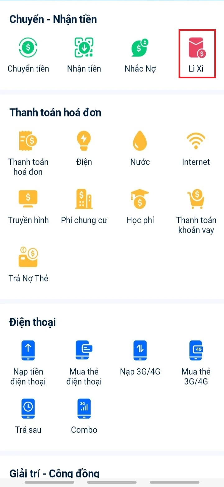 Bước 1: Mở app ZaloPay trên điện thoại, sau đó chọn mục “Lì xì”. Nếu không tìm thấy mục này ở màn hình chính, bạn có thể bấm “Tất cả” và tìm kiếm.