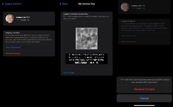 Bạn có thể xem khóa truy cập mà bạn đã cung cấp cho Người liên hệ kế thừa, cũng như xóa quyền truy cập đó sau khi cung cấp nếu bạn đã đổi ý.